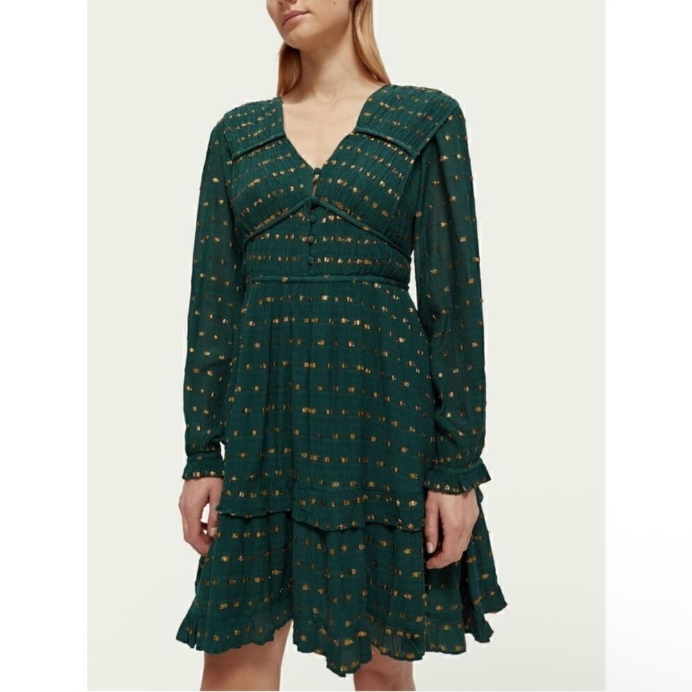 Scotch & Soda Emerald Gold Dot Jacquard Ruffle Dress